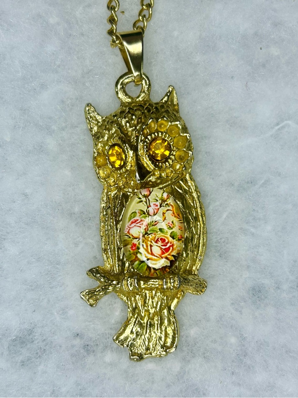 Vintage Floral Owl Pendant Necklace (c. 1972–1976)